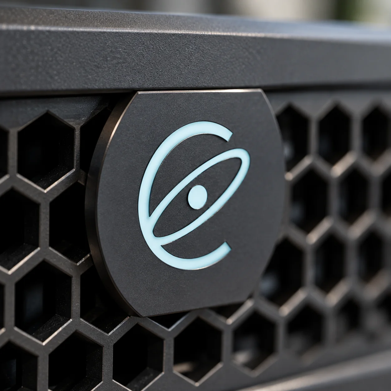 Photorealistic macro detail of the pale-cyan Cortessa orbital emblem on a machined graphite badge set into the honeycomb grille.