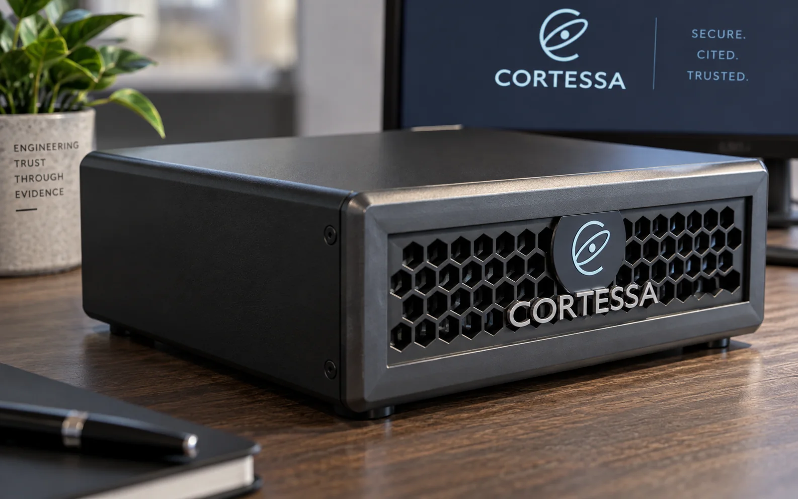 Photorealistic Cortessa appliance concept on an engineering desk: a compact near-black graphite workstation with a honeycomb intake grille, illuminated orbital emblem and Cortessa wordmark.