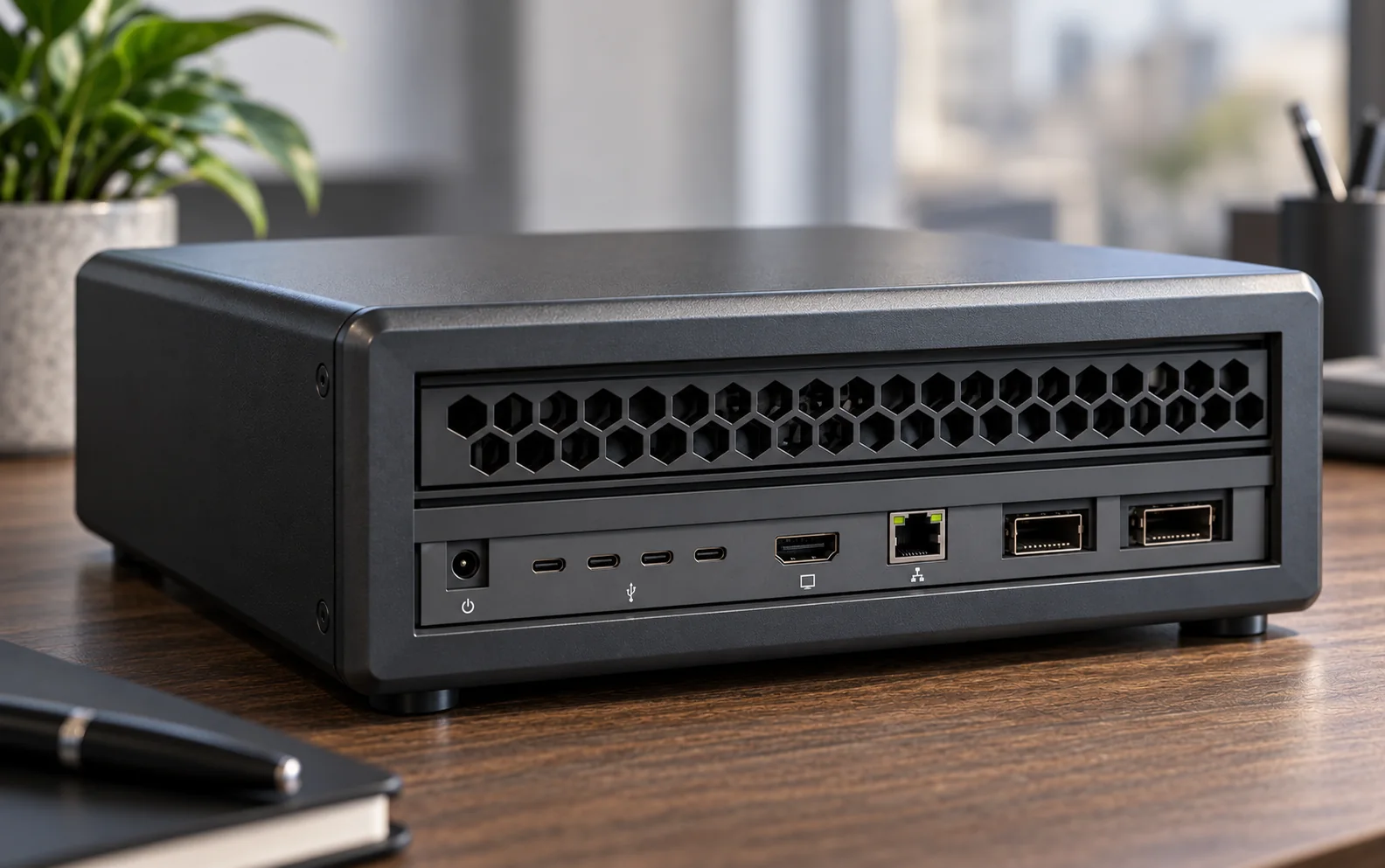Photorealistic rear three-quarter view of the Cortessa appliance concept, showing honeycomb ventilation and a recessed I/O panel with power, four USB-C, HDMI, 10GbE and two QSFP ports.