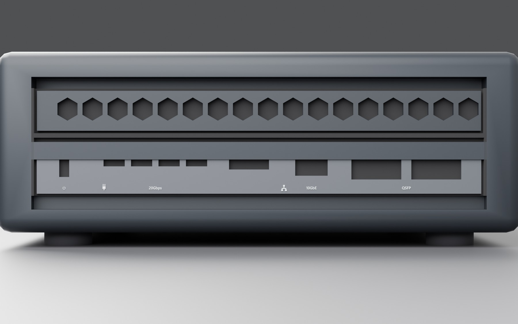Rear of the appliance concept: a honeycomb intake above a recessed I/O panel with power, four USB-C, HDMI, 10GbE and two QSFP ports, each labelled.
